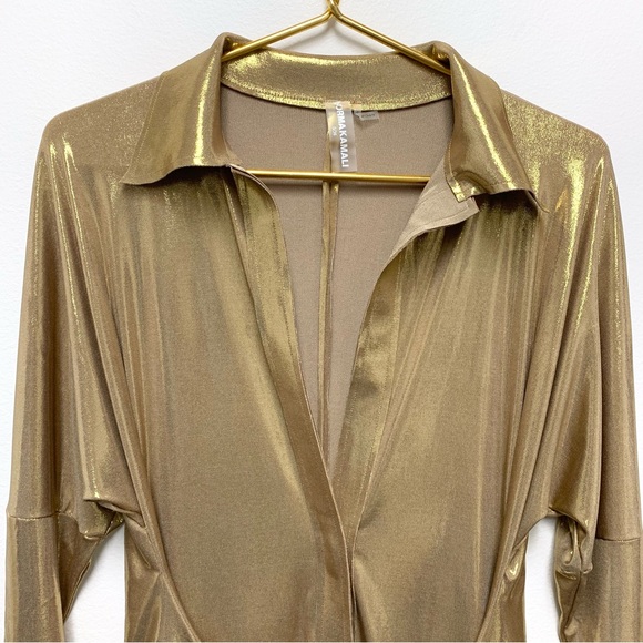 Norma Kamali TY Tie Front NK Shirt Mini Dress Size Small Gold Metallic NWOT $185 - Picture 5 of 14